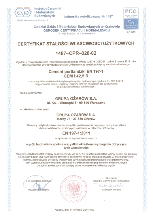 Certyfikat zakładowej kontroli produkcji nr 1487-CPR-070-01